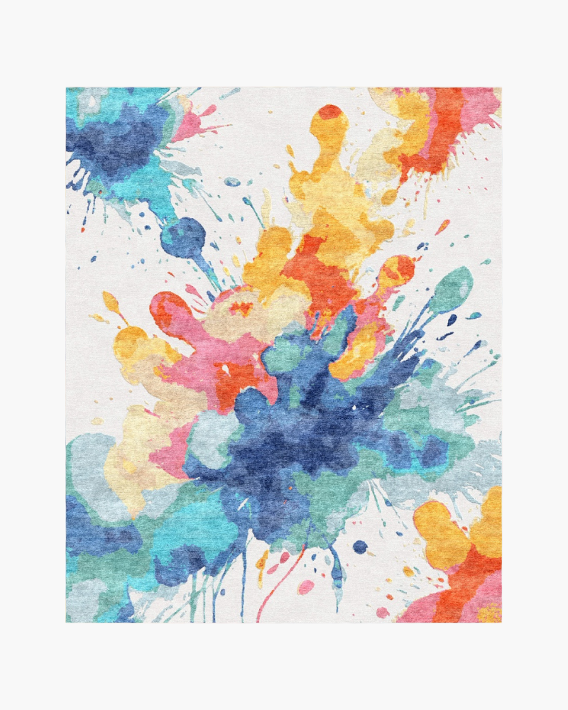 1 Multicolour abstract rug with turquoise, navy blue, coral, pink and yellow splashes on an ivory background.