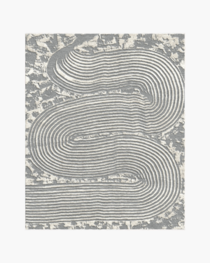 Silver Drift abstract rug with flowing ivory curved lines on a textured silver-grey background.
