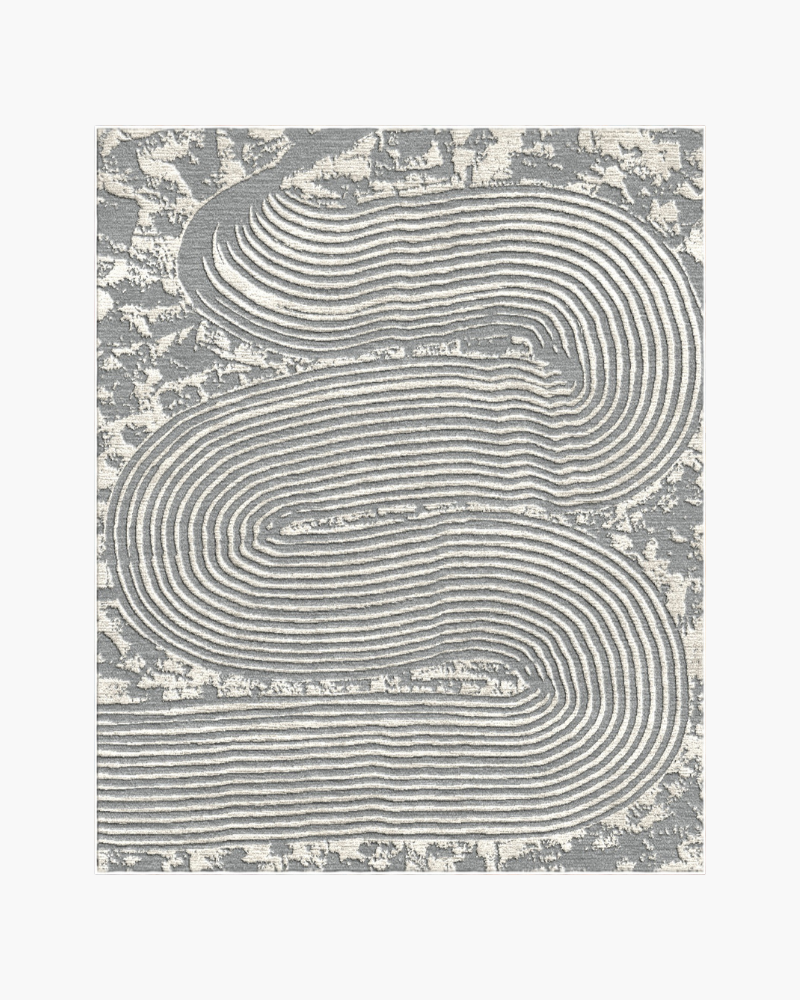1 Silver Drift abstract rug with flowing ivory curved lines on a textured silver-grey background.