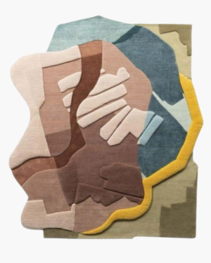 Muse abstract face rug in brown, ivory, dusty rose, blue, sage green, and mustard yellow by Hali Rug Company.