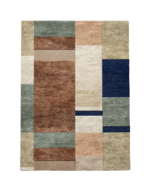 Contemporary geometric rug with rectangular colour blocks in sage green, earthy brown, ivory, sand, and navy blue.