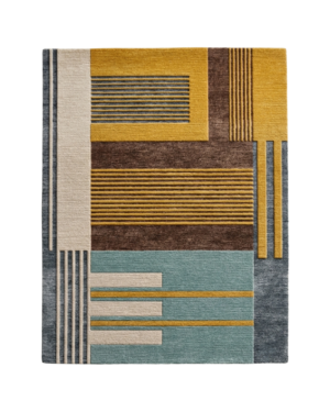 Contemporary geometric rug with mustard, muted teal, brown, ivory, and charcoal colour blocks and parallel stripe details.