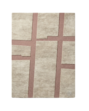 Contemporary beige rug with intersecting dusty-rose lines forming an abstract rectangular geometric pattern.