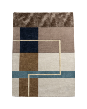 Contemporary geometric rug with chocolate brown, taupe, ivory, navy, and muted teal colour blocks connected by a thin ivory line.