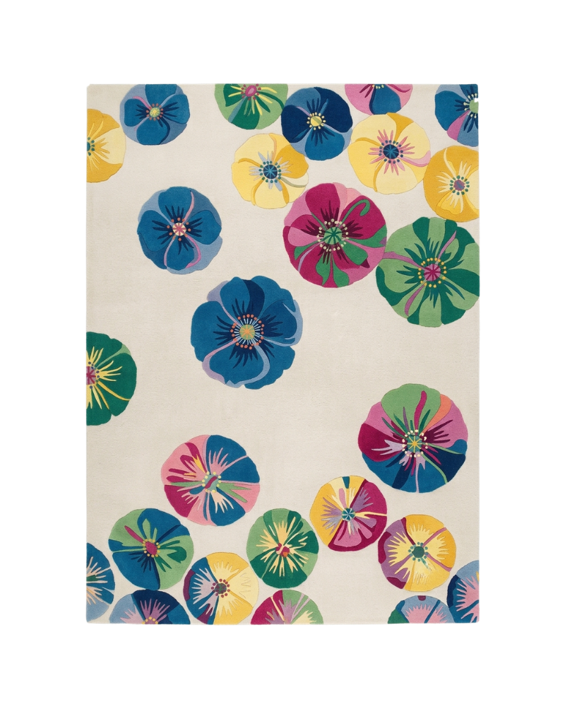 1 Contemporary ivory rug decorated with colourful floral motifs in blue, teal, green, yellow, magenta, and pink.
