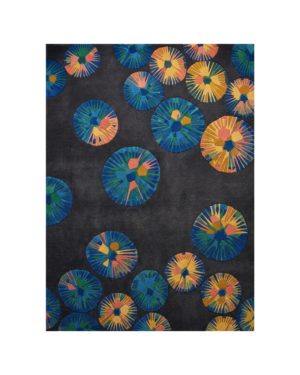 Contemporary charcoal rug featuring colourful circular radial patterns in blue, teal, green, mustard yellow, and coral pink.