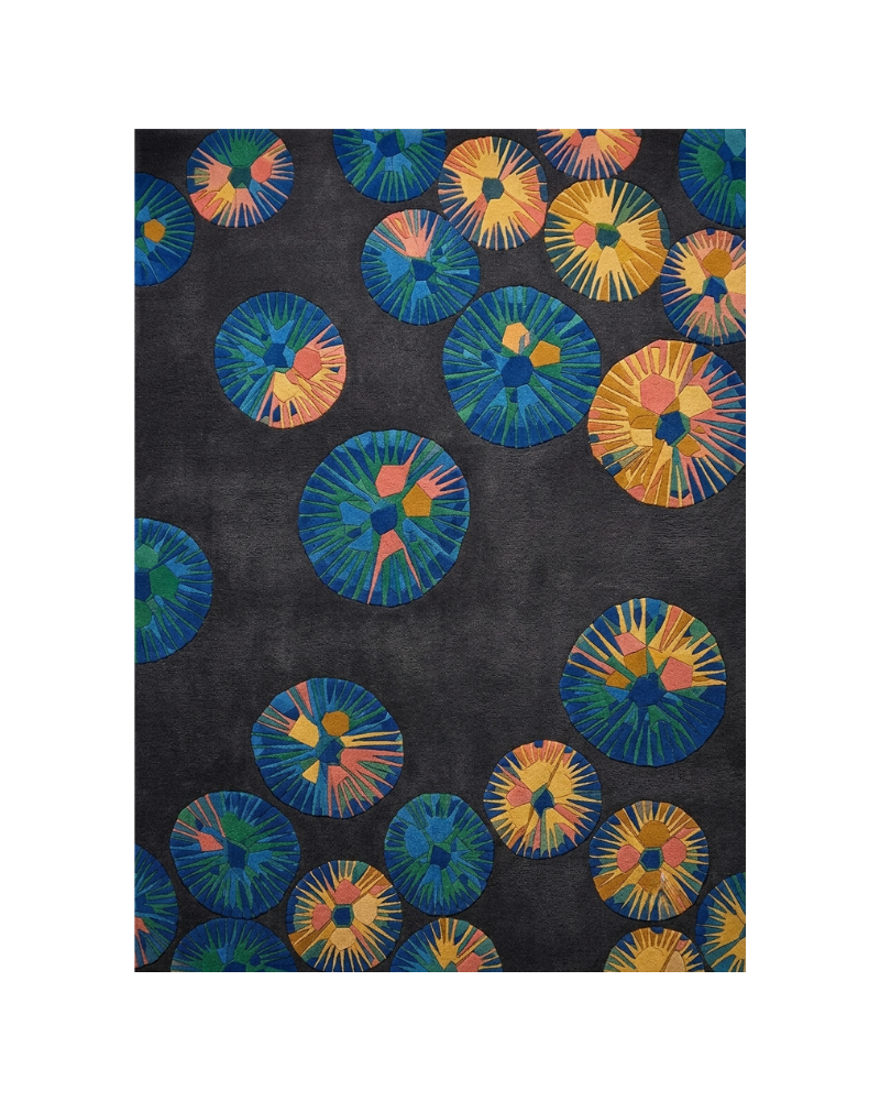 1 Contemporary charcoal rug featuring colourful circular radial patterns in blue, teal, green, mustard yellow, and coral pink.