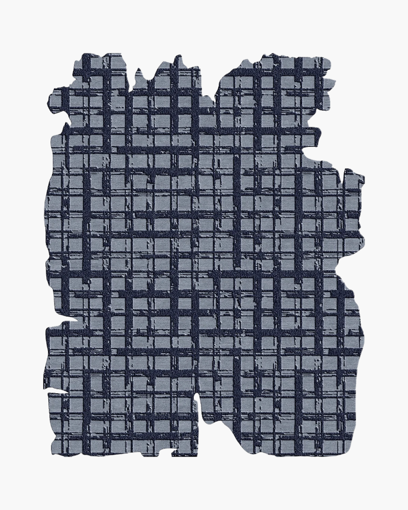 1 Nexvi contemporary rug featuring a slate-grey ground, deep navy intersecting grid lines and an irregular silhouette.