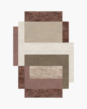 Veltri geometric rug with layered rectangular shapes in mocha, taupe, dusty rose, beige and ivory linear detailing.