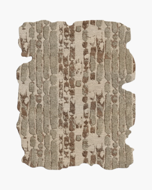 Orvexa organic rug featuring irregular vertical motifs in ivory, taupe and earthy brown with a sculptural outline.