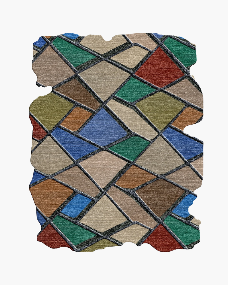 1 Veyro multicolour geometric handmade wool rug with irregular shapes in blue, green, rust, olive, beige, and charcoal outlines.