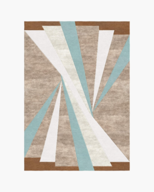 Solvyn abstract geometric handmade wool rug featuring converging ivory, aqua blue, taupe, and brown bands.