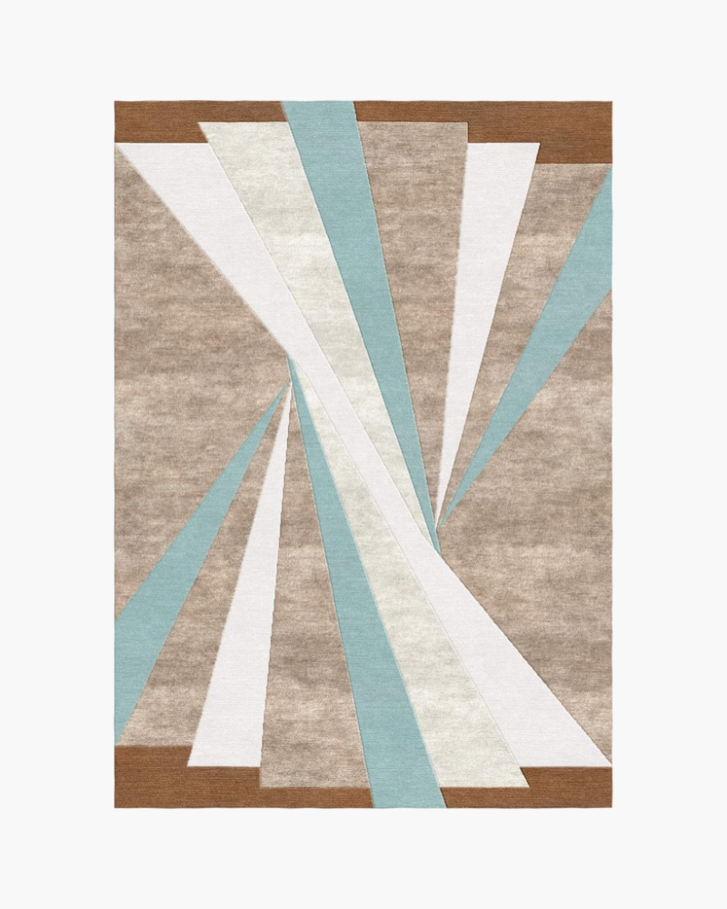 1 Solvyn abstract geometric handmade wool rug featuring converging ivory, aqua blue, taupe, and brown bands.