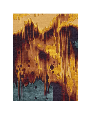 Emberwood abstract handmade rug in golden ochre, burnt amber, burgundy, charcoal and muted teal with an organic woodgrain-inspired pattern.