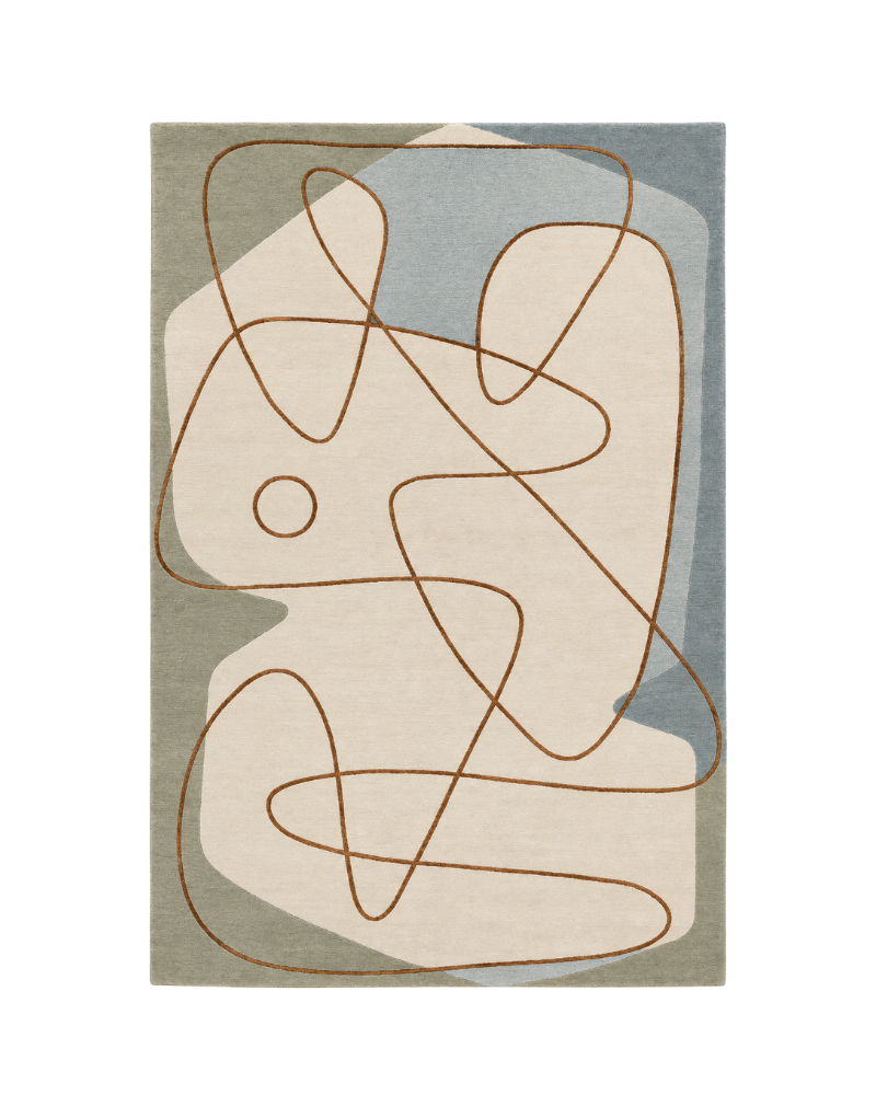 1 Lumaire abstract contour handmade rug in ivory, sage green, blue-grey and terracotta brown, featuring continuous curved linework in 100% New Zealand wool.
