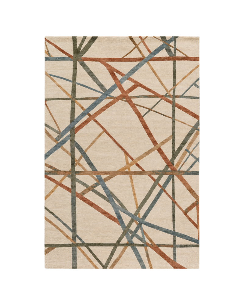 1 Discover Vector Grove, an abstract geometric handmade rug crafted from 100% New Zealand wool. Featuring intersecting lines in earthy tones, custom-made by Hali Rug Company.