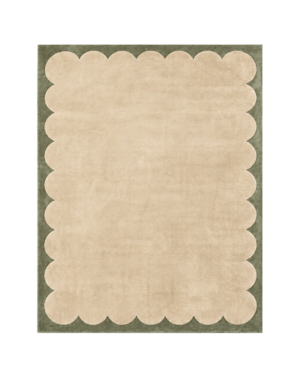 Mossveil organic scalloped handmade rug with an ivory centre and muted olive green border, featuring rounded edges and a contemporary design.