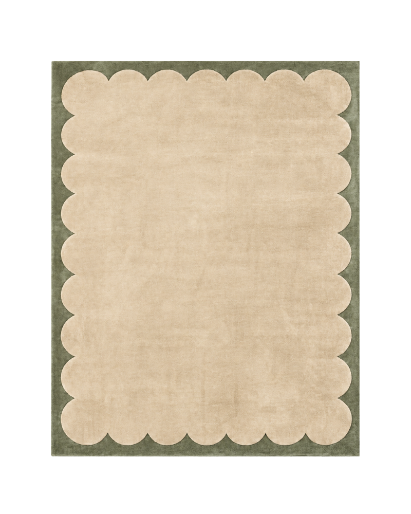 1 Mossveil organic scalloped handmade rug with an ivory centre and muted olive green border, featuring rounded edges and a contemporary design.