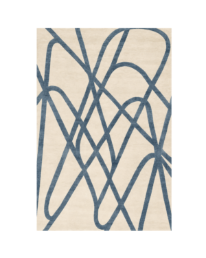Avencrest Line rectangular handmade wool rug featuring intersecting slate-blue abstract lines on a warm ivory background with a minimalist contemporary design.