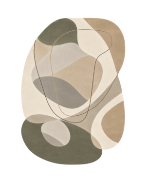 Sculptura Moss organic abstract hand-tufted wool rug with an irregular silhouette, flowing curved lines, and olive green, ivory, beige, taupe, and greige shapes, made from 100% New Zealand wool by Hali Rug Company.
