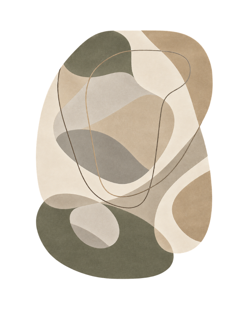 1 Sculptura Moss organic abstract hand-tufted wool rug with an irregular silhouette, flowing curved lines, and olive green, ivory, beige, taupe, and greige shapes, made from 100% New Zealand wool by Hali Rug Company.