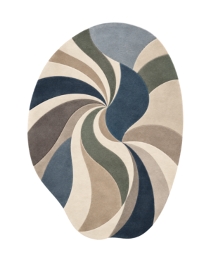 Aurevane organic swirl hand-tufted wool rug featuring flowing curved sections in navy blue, denim blue, sage green, ivory, taupe, and smoky grey-brown, with an irregular sculptural shape by Hali Rug Company.