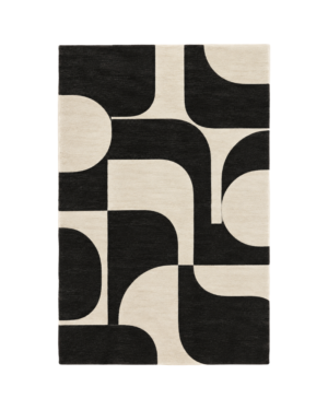 Noirvelle black and ivory geometric hand-tufted wool rug featuring bold abstract blocks, rounded curves, and contrasting monochrome shapes, crafted from 100% New Zealand wool by Hali Rug Company.