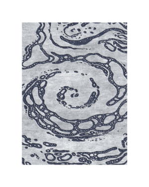 Indigo Tidal Flow handmade rug in silver grey with intricate dark blue organic wave patterns, crafted from 100% New Zealand wool.