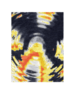 Solaris Pulse Rug featuring dynamic concentric abstract patterns in midnight navy, golden yellow, coral, and ivory, crafted from 100% New Zealand wool by Hali Rug Company.